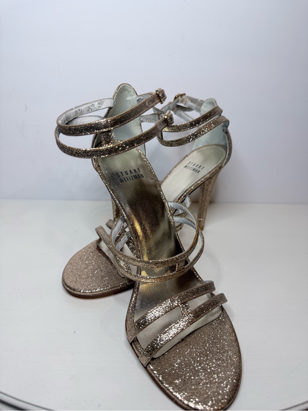 Stuart Weitzman Gold Glitter Strappy High Heel Sandals